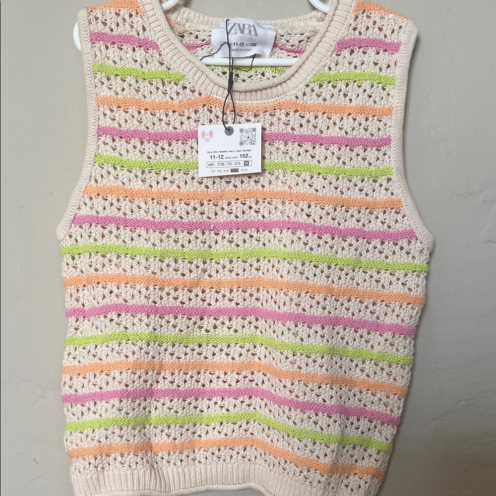 Zara Beige Sweater with Pink, Green, and Orange Stripes
